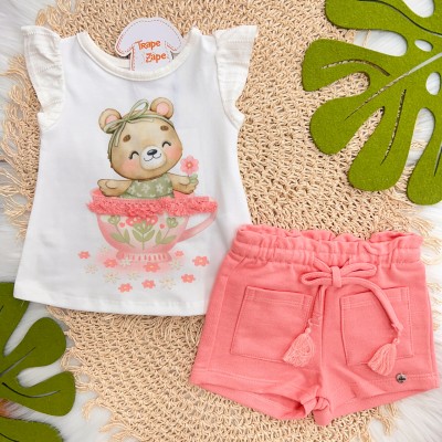 Conj. Blusa Ursinha Fofinha na Xícara e Short - Off White e Rosa